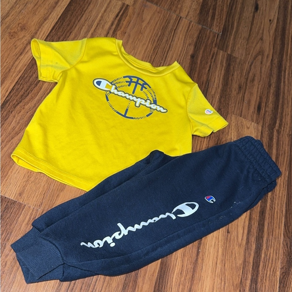 Champion Kids Yellow T-Shirt and Black Bottoms Set